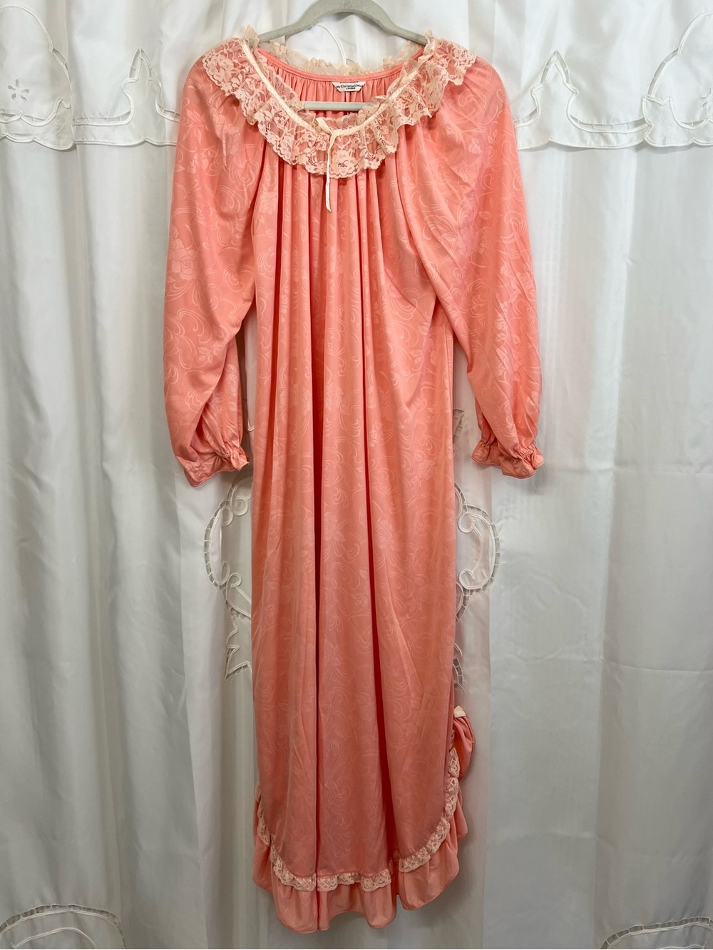 Vintage 70s Pink Floral Lace Ruffle Maxi Nightgown Romantic Lingerie